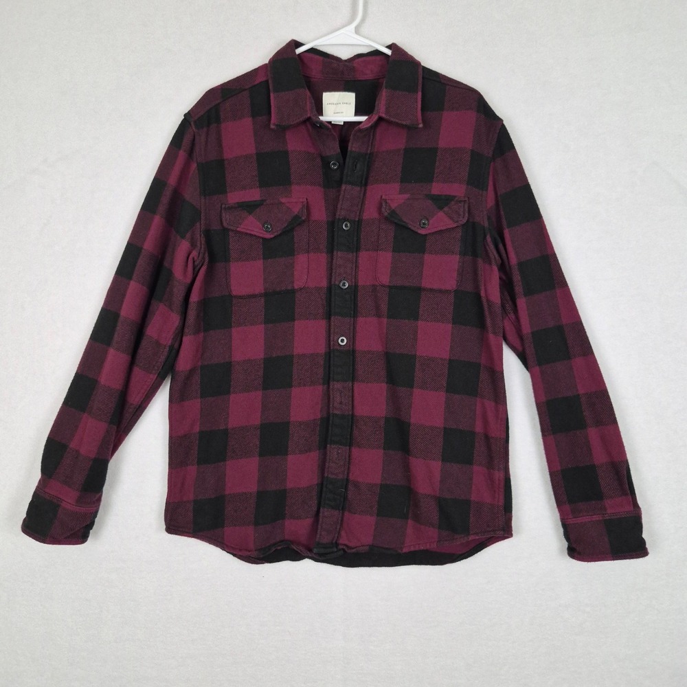 American Eagle Flannel Shacket Large Classic Fit Buffalo Plaid Burgundy Black